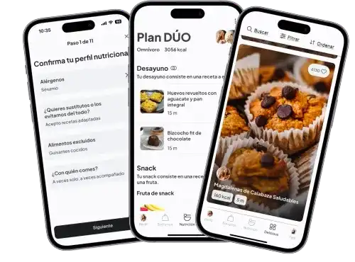 Mockup de la app mostrando planes de nutrición personalizados